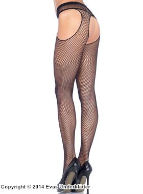 Suspender pantyhose, small fishnet, open crotch, plus size